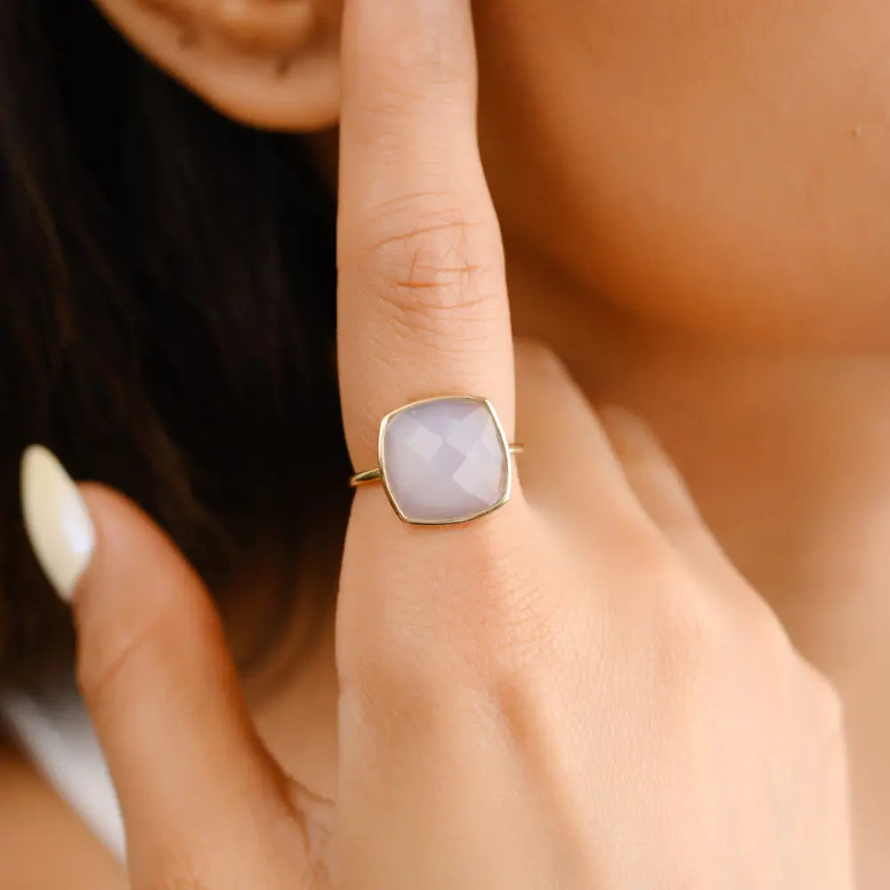 Minimal Jewelry Natural Chalcedony 14K Solid Yellow Gold Statement Ring