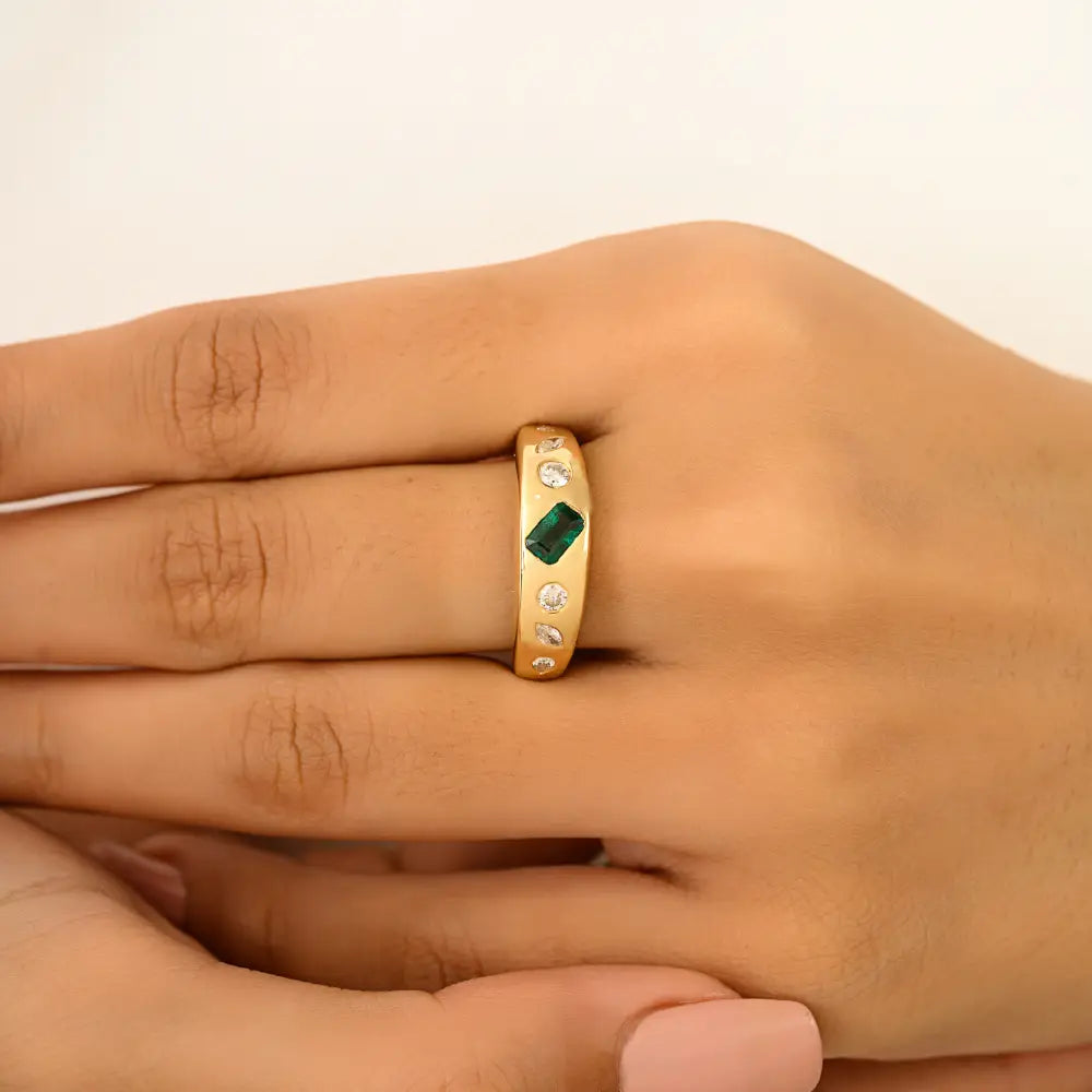 Unique Zambian Emerald & Diamond 18K Solid Yellow Gold Chunky Dome Ring Trendy Jewelry