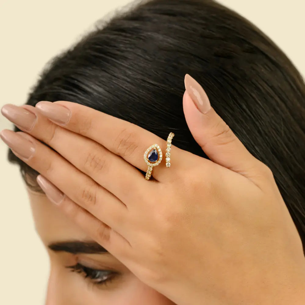 Pear Blue Sapphire & Round Diamond 14K Real Yellow Gold Open Statement Ring Luxury Jewelry