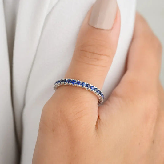 Minimalist Jewelry Solid 18K White Gold Blue Sapphire Full Eternity Band Ring