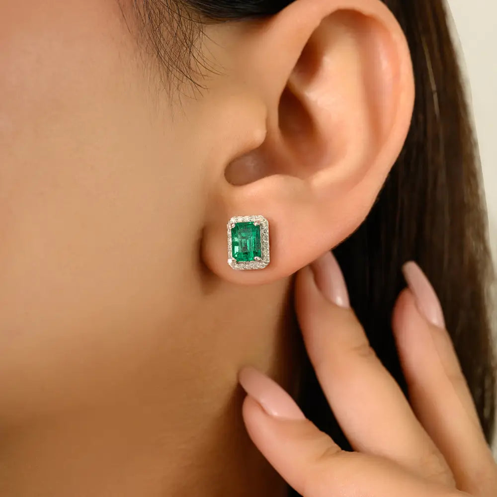 Push Back Stud Earrings In Natural Emerald & Diamond 14K Solid Yellow Gold Everyday Jewelry