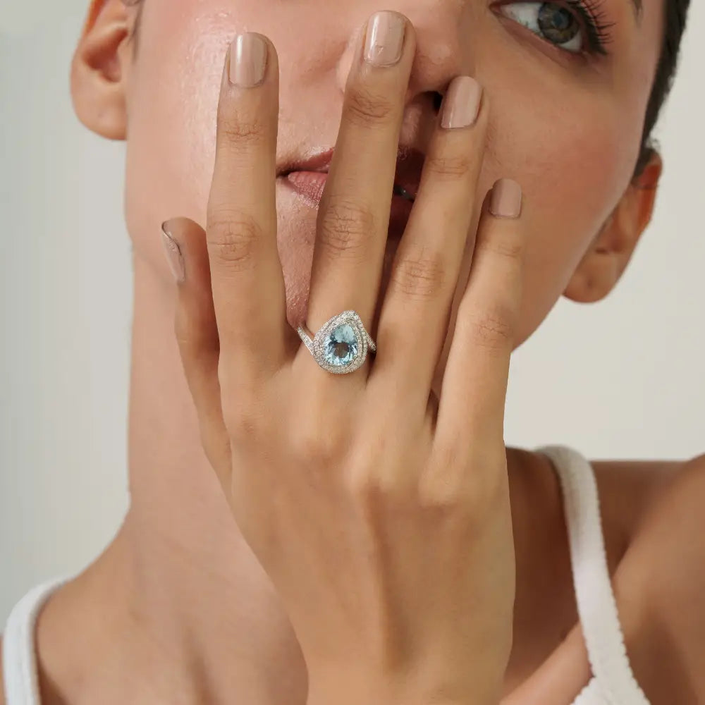 Pear Shape Aquamarine & Diamond Double Halo 18K White Gold Cocktail Ring Custom Jewelry