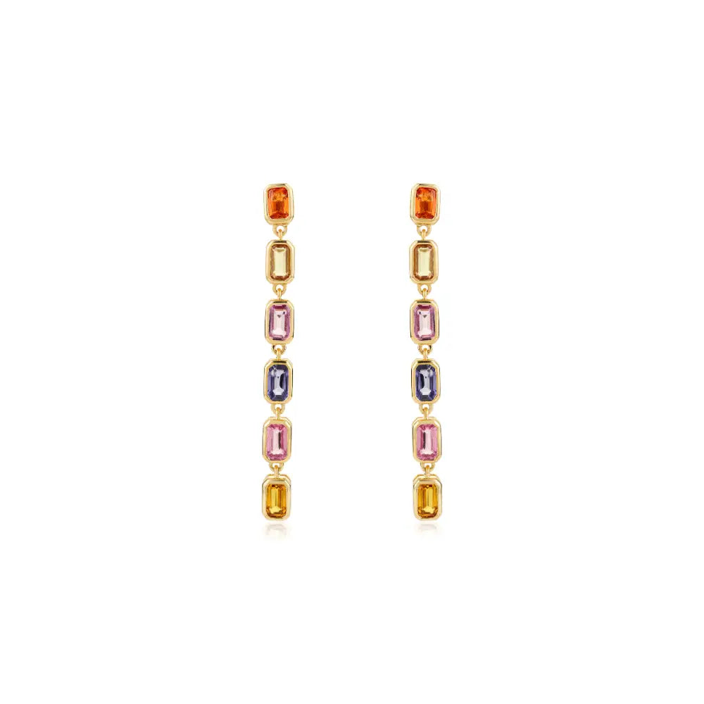 Rainbow Colorful Multi Sapphire Pure 14K Yellow Gold Long Dangling Earrings Trending Jewelry
