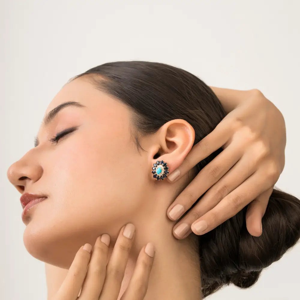 Natural Gemstone Blue Sapphire Turquoise & Diamond K14 Yellow Gold Halo Floral Stud Earrings