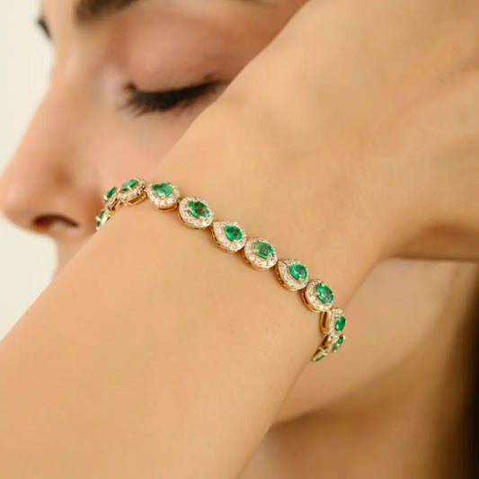 Custom Zambian Emerald & Diamond Stack Tennis Bracelet Wholesale 14K Yellow Gold Jewelry