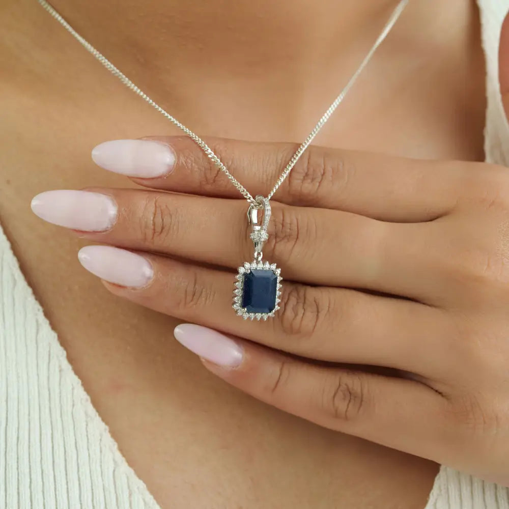 Blue Sapphire & Diamond Openable Lock Statement Cluster Pendant Newly 14K White Gold Jewelry