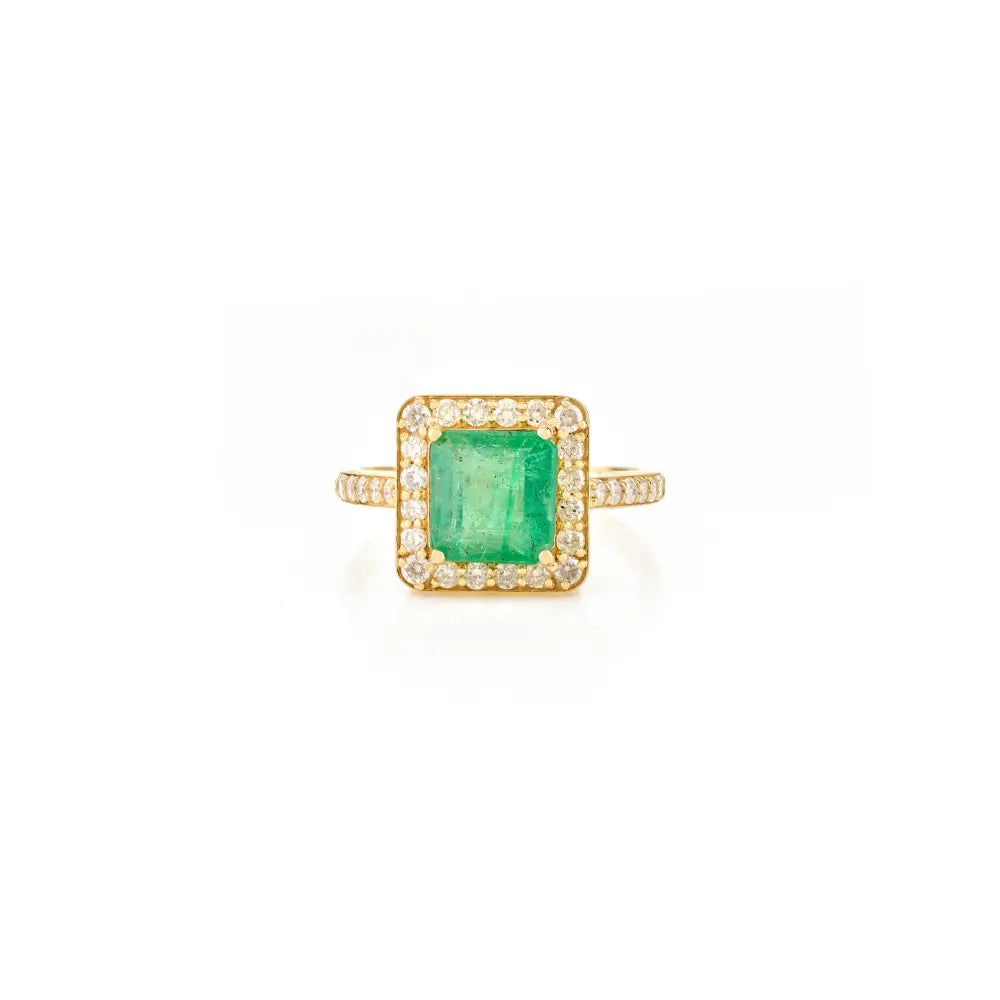 Natural Gemstone Emerald & Diamond K14 Real Yellow Gold Halo Engagement Ring For Unisex