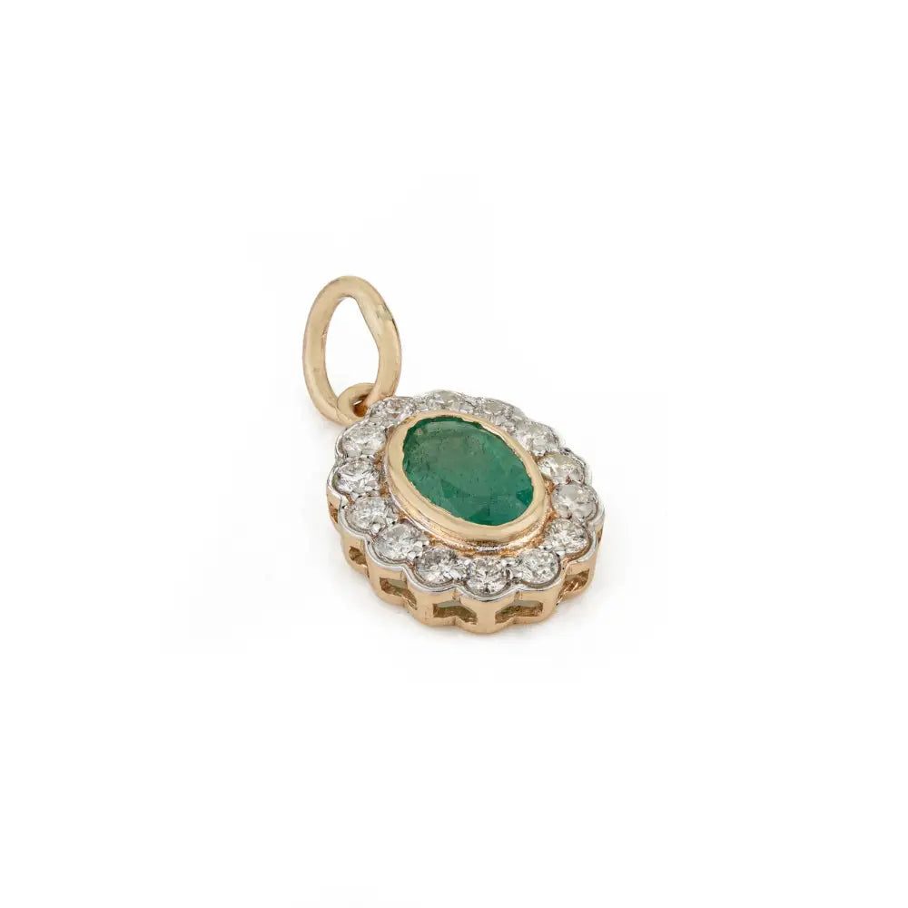 Bezel Set Emerald & Diamond 14K Solid Yellow Gold Cluster Pendant For Women Fine Jewelry