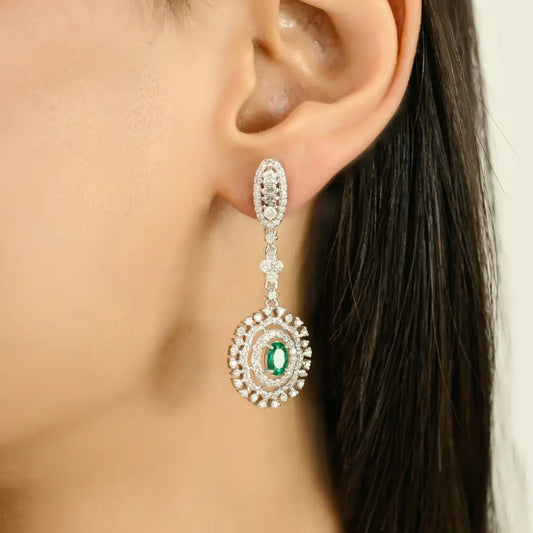 Bold Bridal Jewelry 14K White Gold Emerald & Diamond Handmade Dangle Earrings For Women