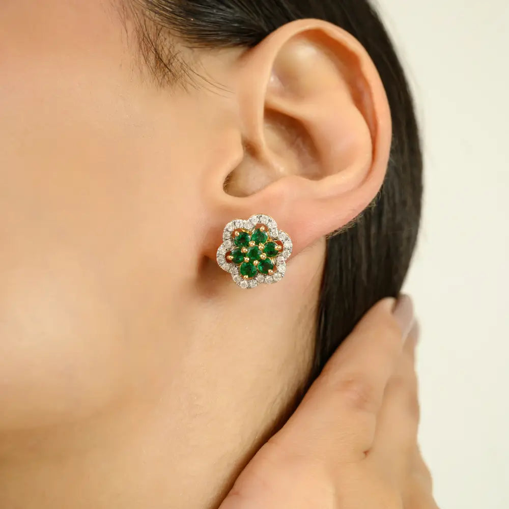 Round Cut Emerald & Diamond Flower Statement Stud Earrings Unique Design 18K Yellow Gold