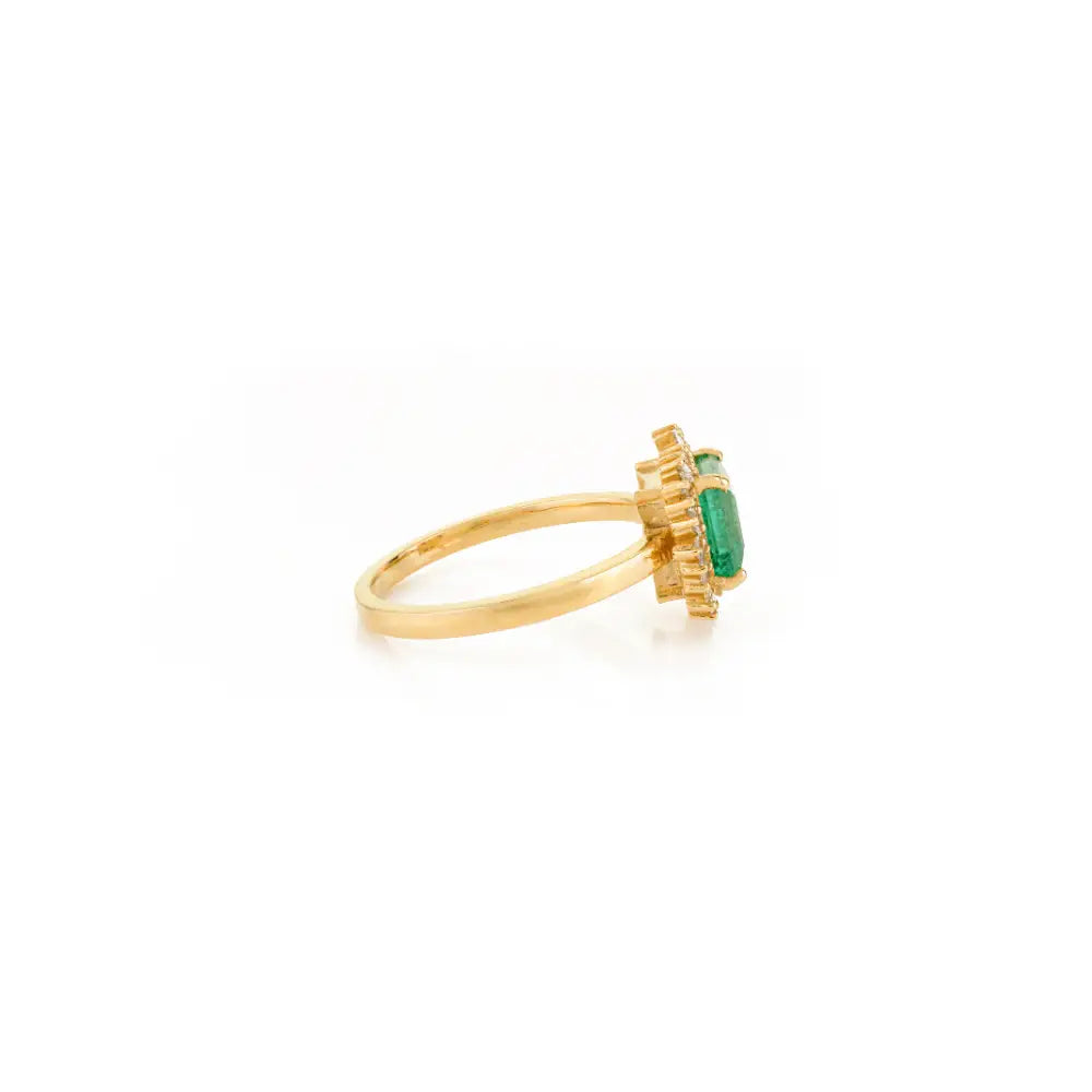 Minimal Design Prong Set Emerald & Diamond K18 Solid Yellow Gold Cluster Ring For Unisex