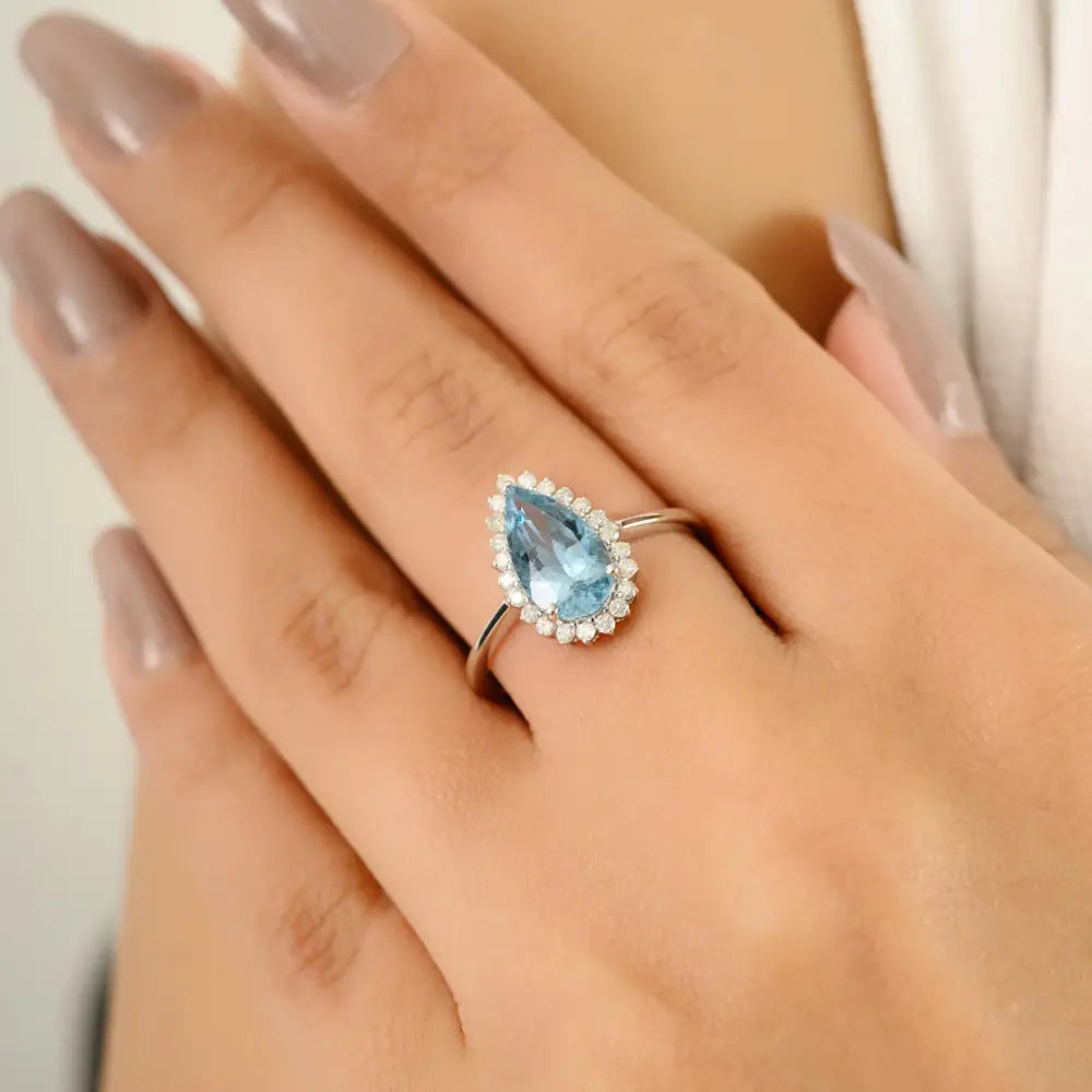 Pear Cut Aquamarine & Diamond Statement Cluster Ring Trending 14K White Gold Wedding Jewelry