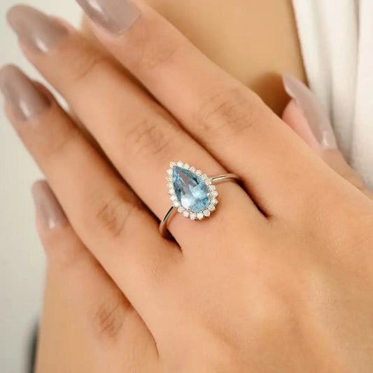 Pear Cut Aquamarine & Diamond Statement Cluster Ring Trending 14K White Gold Wedding Jewelry