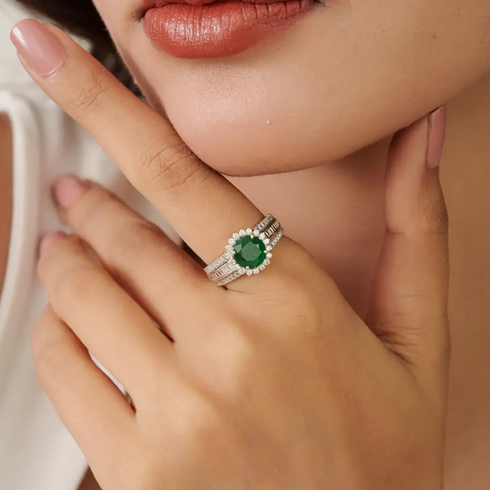 Statement Emerald & Diamond 14K Real Yellow Gold Wedding Band Ring New Arrivals Jewelry