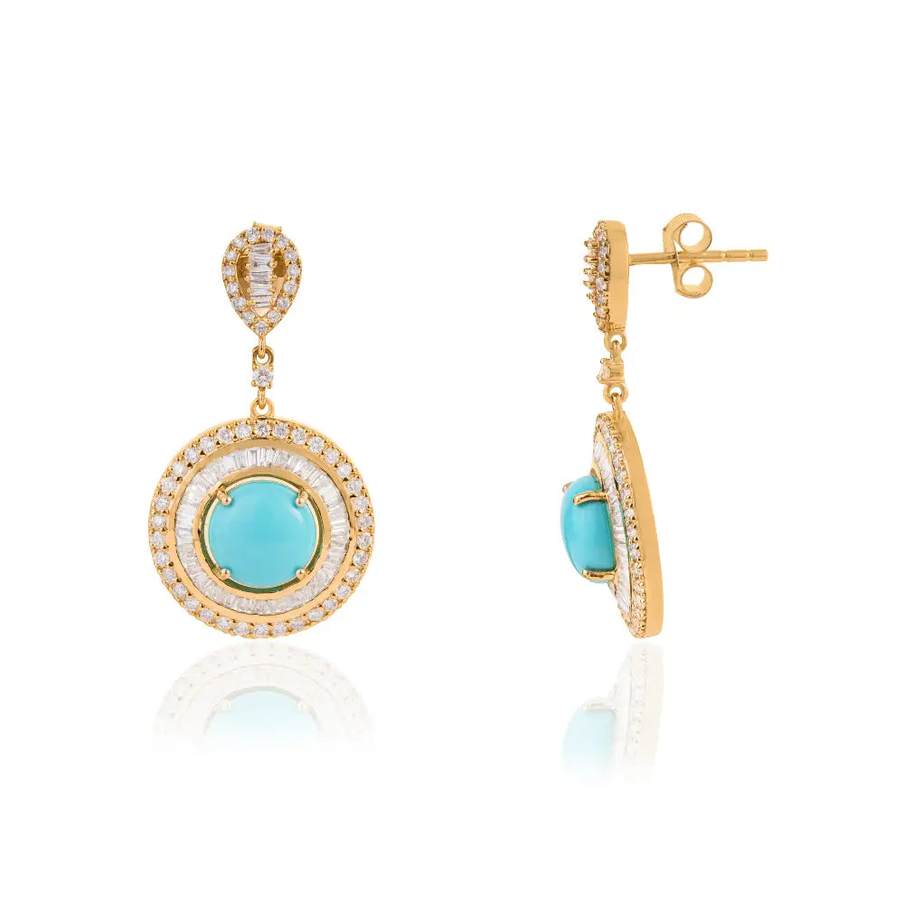 Cabochon Cut Turquoise & Diamond Double Halo Drop Earrings For Wedding 14K Yellow Gold