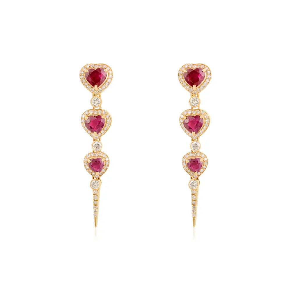 Top Quality Ruby & Diamond Trio Heart Long Dangle Earrings 18K Real Yellow Gold Jewelry