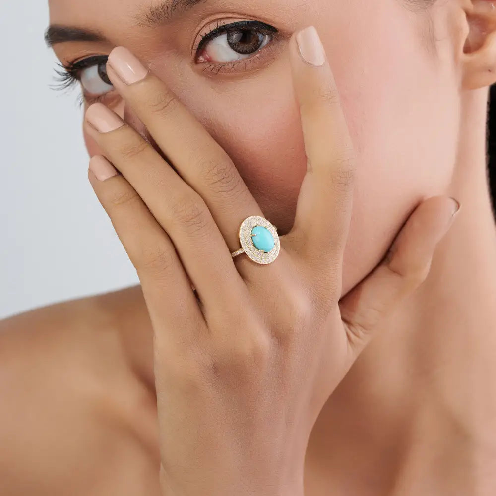 December Birthstone Turquoise & Diamond Double Cluster Ring For Wedding 14K Yellow Gold
