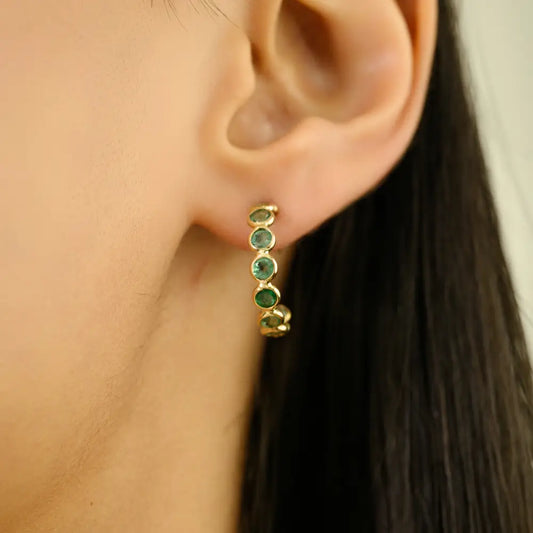 18K Real Yellow Gold Emerald Dainty C Hoop Earrings May Birthstone Everyday Jewelry