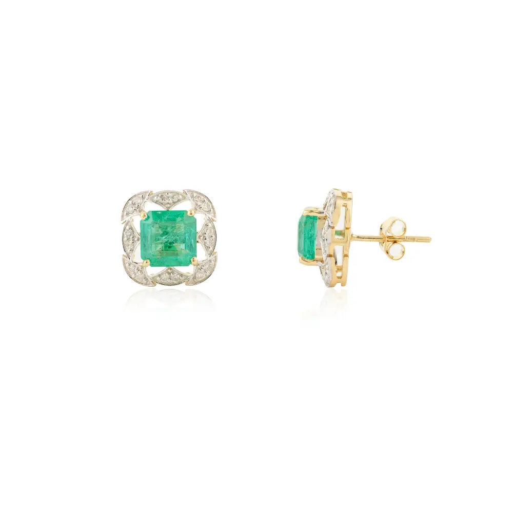 New Arrival Genuine Emerald & Diamond Solid K18 Yellow Gold Stud Earrings