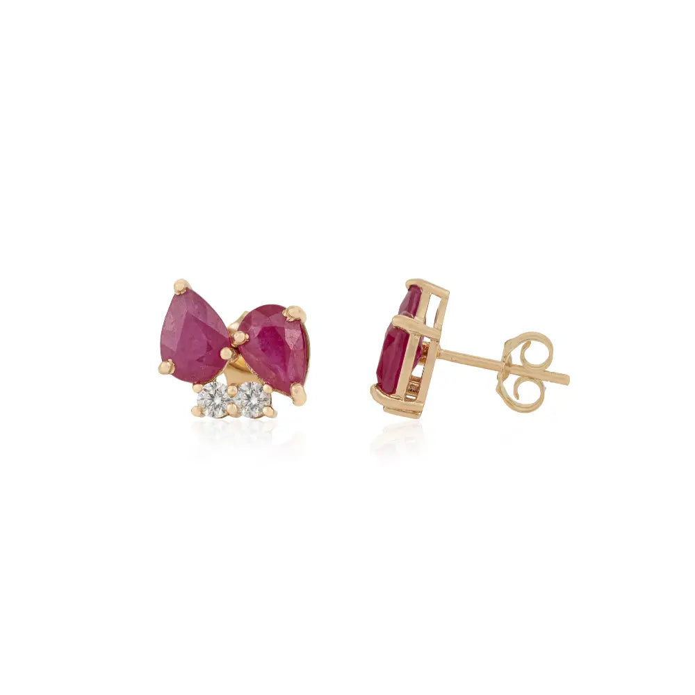 Latest Design Ruby & Diamond Small Gemstone Stud Earrings 14K Real Yellow Gold Fine Jewelry