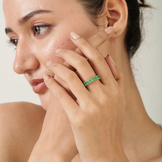 Zambian Emerald Gemstone Stacking Half Eternity Band Ring 14K Solid Yellow Gold Jewelry