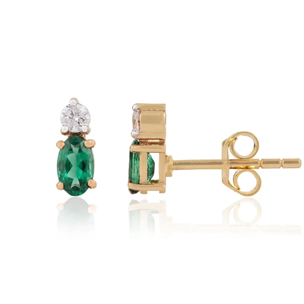 Minimalist Design Emerald & Diamond Small Stud Earrings 14K Yellow Gold Daily Wear Jewelry