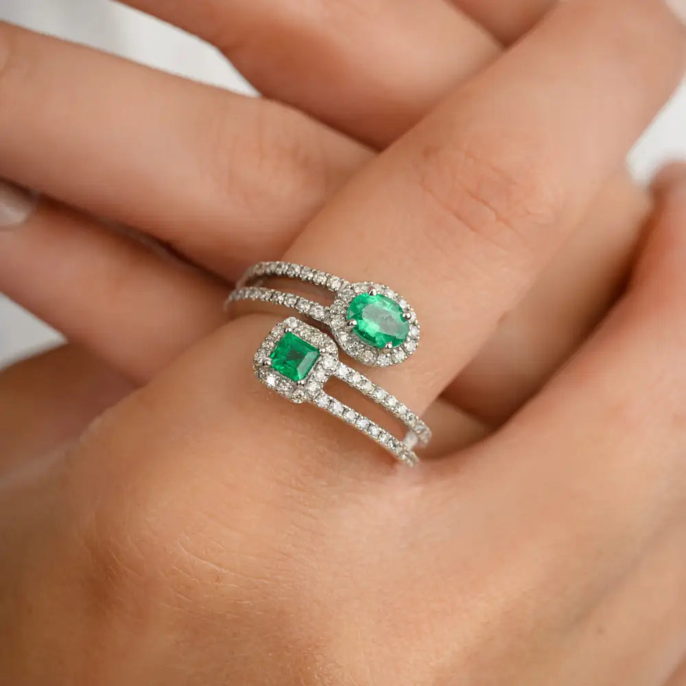 Jewelry Manufacturer Natural Emerald & Diamond 18K White Gold Bypass Ring