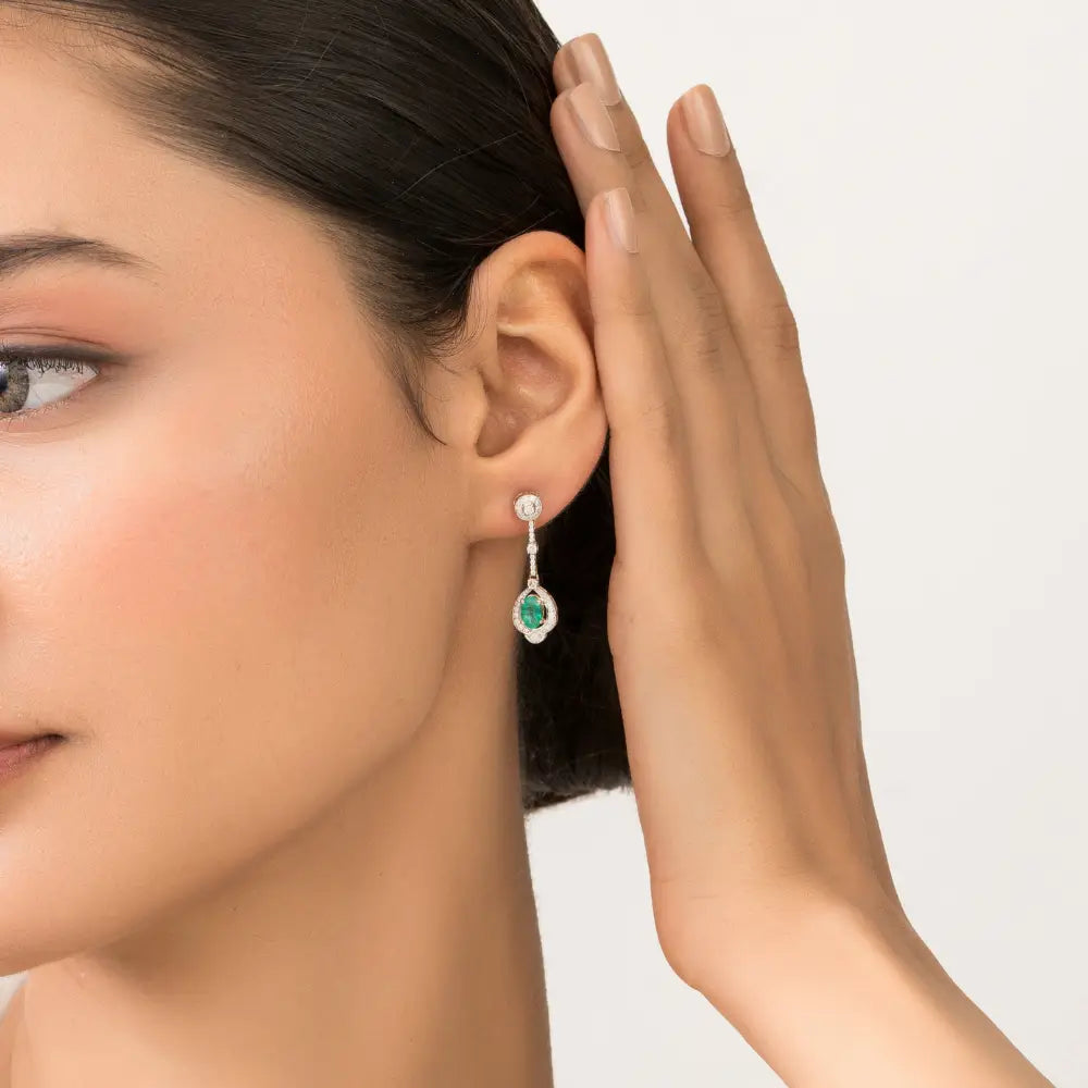 14K Solid Yellow Gold Emerald & Diamond Water Drop Shape Dangle Earrings For Women Jewelry