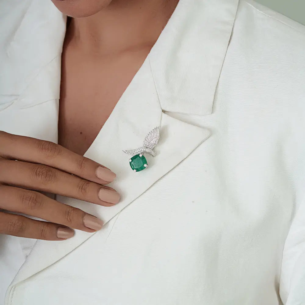 Nature Inspired Zambian Emerald & Diamond 14K White Gold Flying Bird Brooch For Wedding