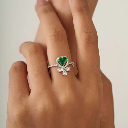 Heart Shape Emerald & Diamond Unique Statement Ring Pure K18 White Gold Bulk Jewelry