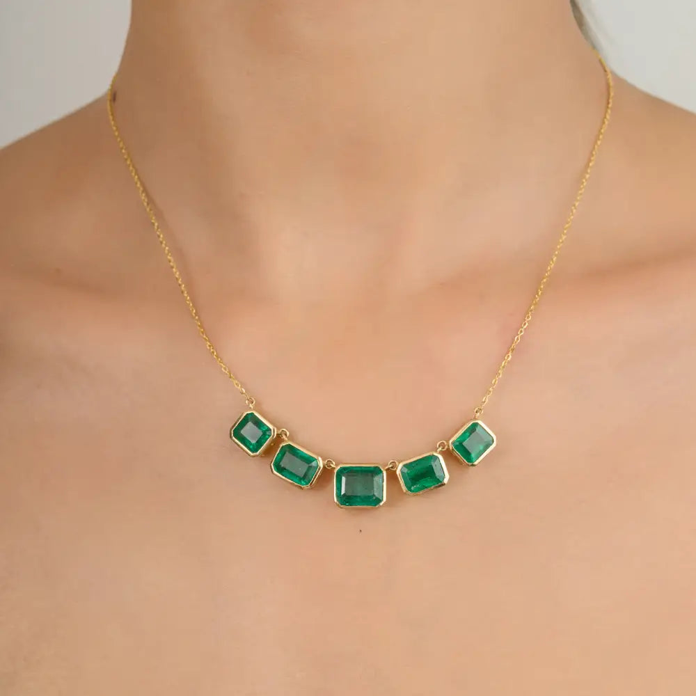 May Birthstone Natural Emerald Bezel Setting Solid 18K Yellow Gold Chain Necklace