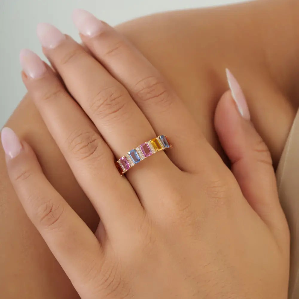 Trending Multi Sapphire & Diamond K14 Yellow Gold Half Eternity Band Ring Custom Jewelry