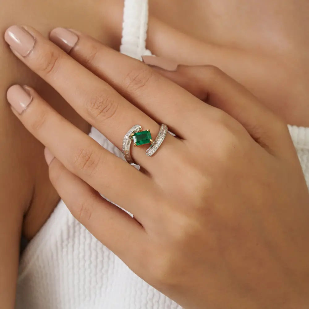 18K Solid Two Tone Gold Zambian Emerald & Diamond Statement Ring Handmade Jewelry