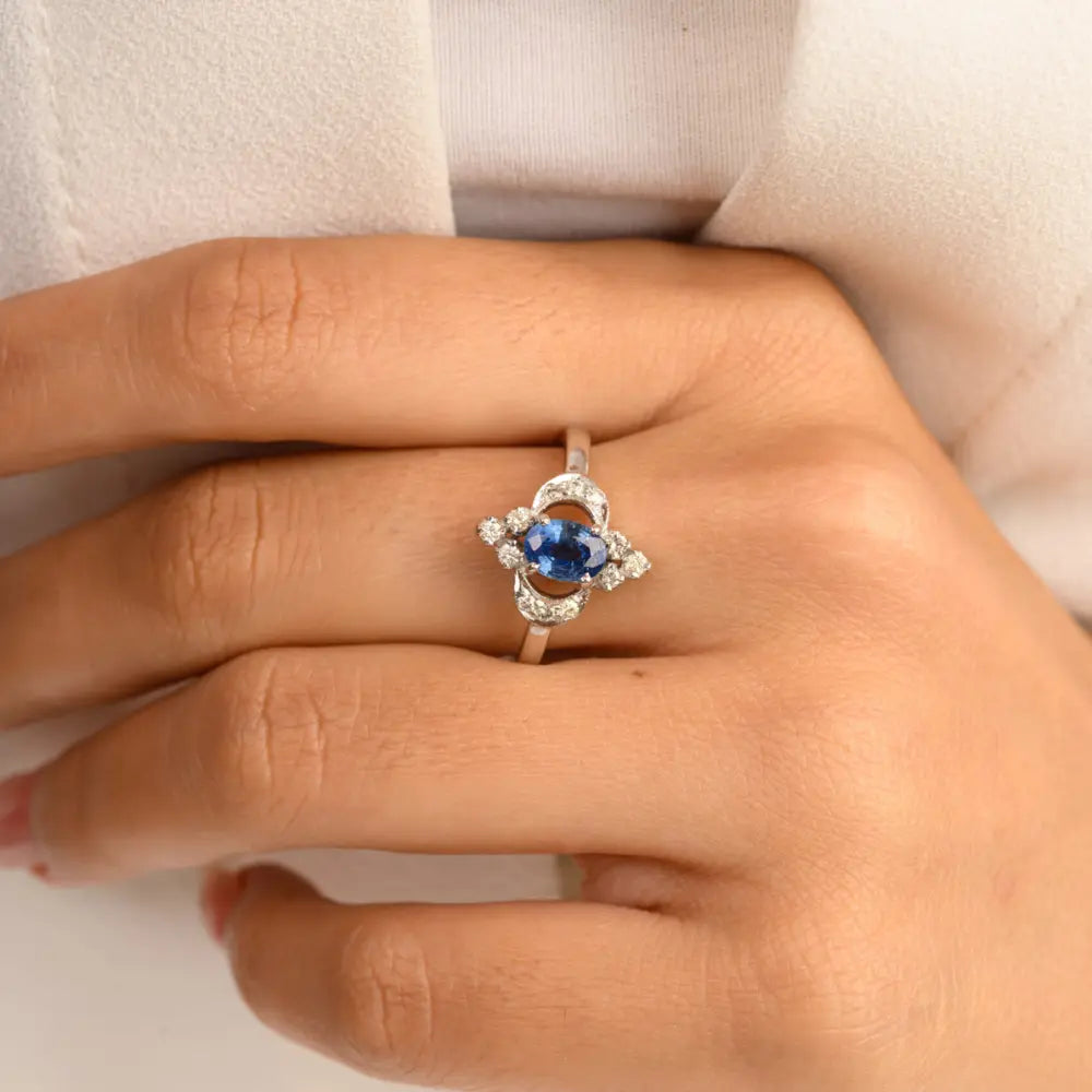 Bulk Jewelry 14K Solid White Gold Natural Blue Sapphire & Diamond Birthstone Ring