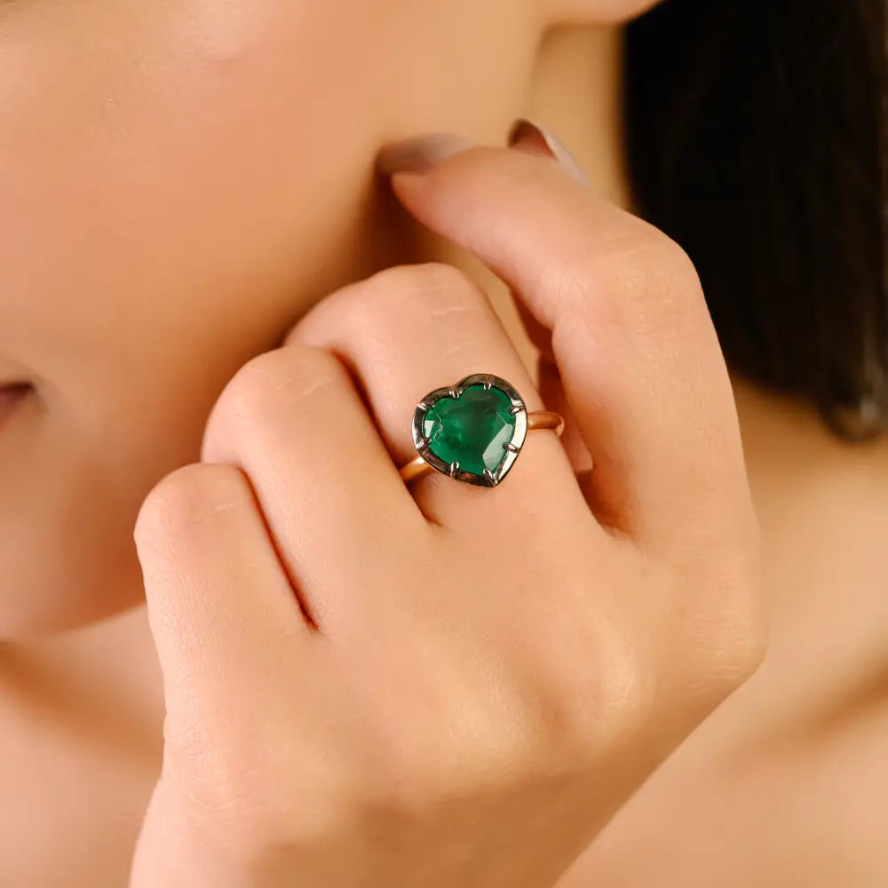 2.37 Ct. Emerald Black Rhodium Plated Heart Shape Ring Proposal Jewelry 18K Solid Yellow Gold