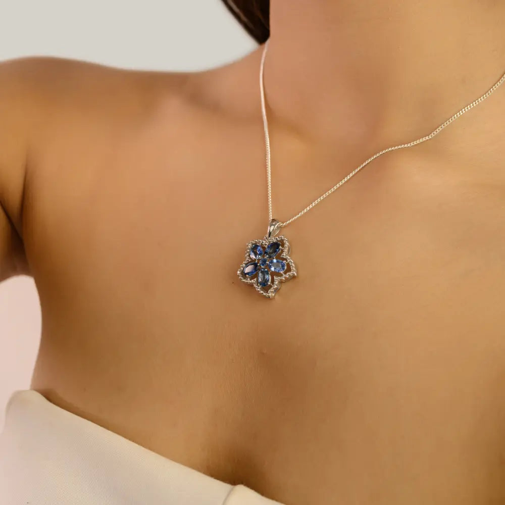 September Birthstone Authentic Blue Sapphire Floral Design Pendant 925 Sterling Silver