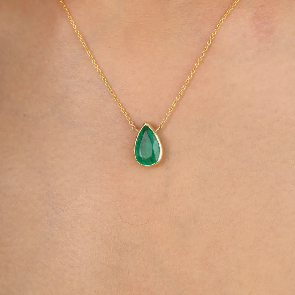 May Birthstone Natural Pear Cut Emerald 14K Real Yellow Gold Chain Necklace