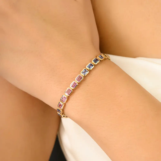 Colorful Gemstone Multi Sapphire 14K Solid Yellow Gold Tennis Bracelet Stack Jewelry