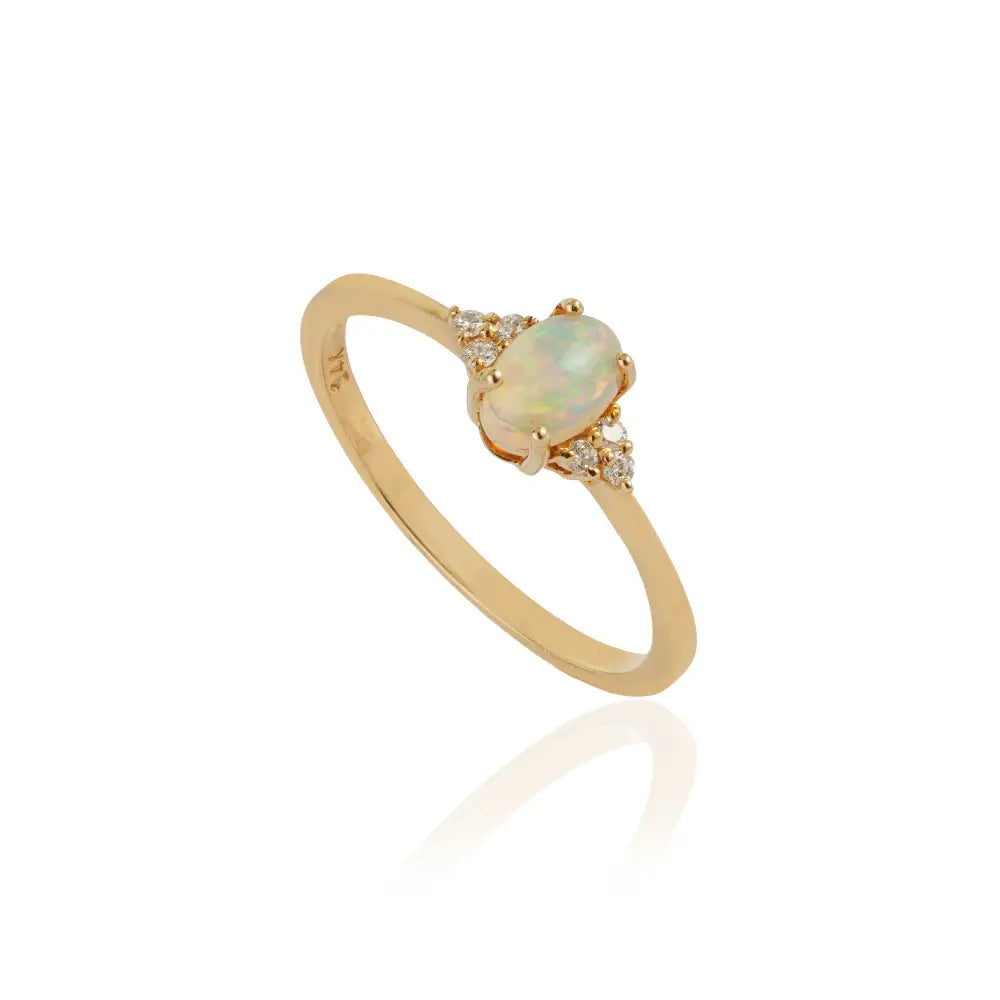 Dainty Stacking Design 14K Yellow Gold Opal & Diamond Minimalist Ring For Daily Wear Jewelry