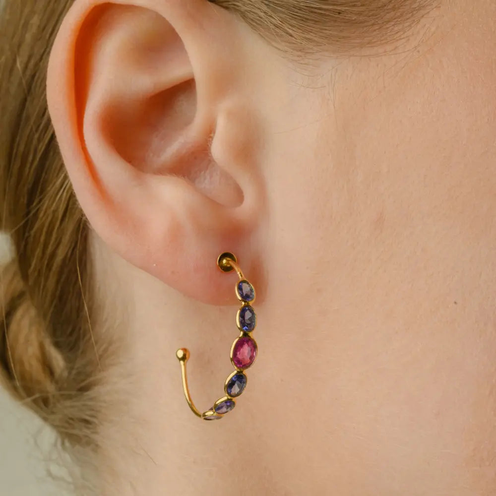 Custom Jewelry Natural Multi Sapphire 14K Solid Yellow Gold C Shape Hoop Earring