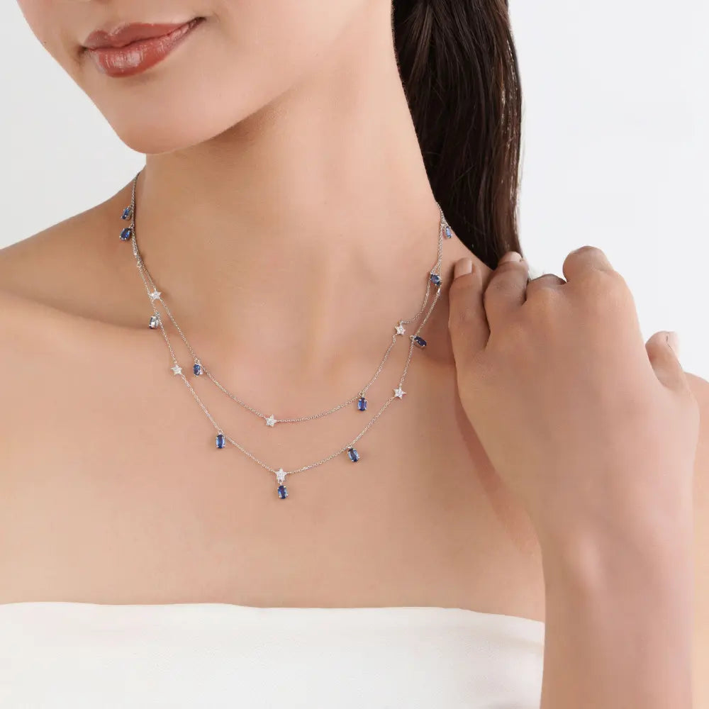 Beautiful Design Solid K14 White Gold Blue Sapphire & Diamond Double Layer Charm Necklace Wedding Jewelry