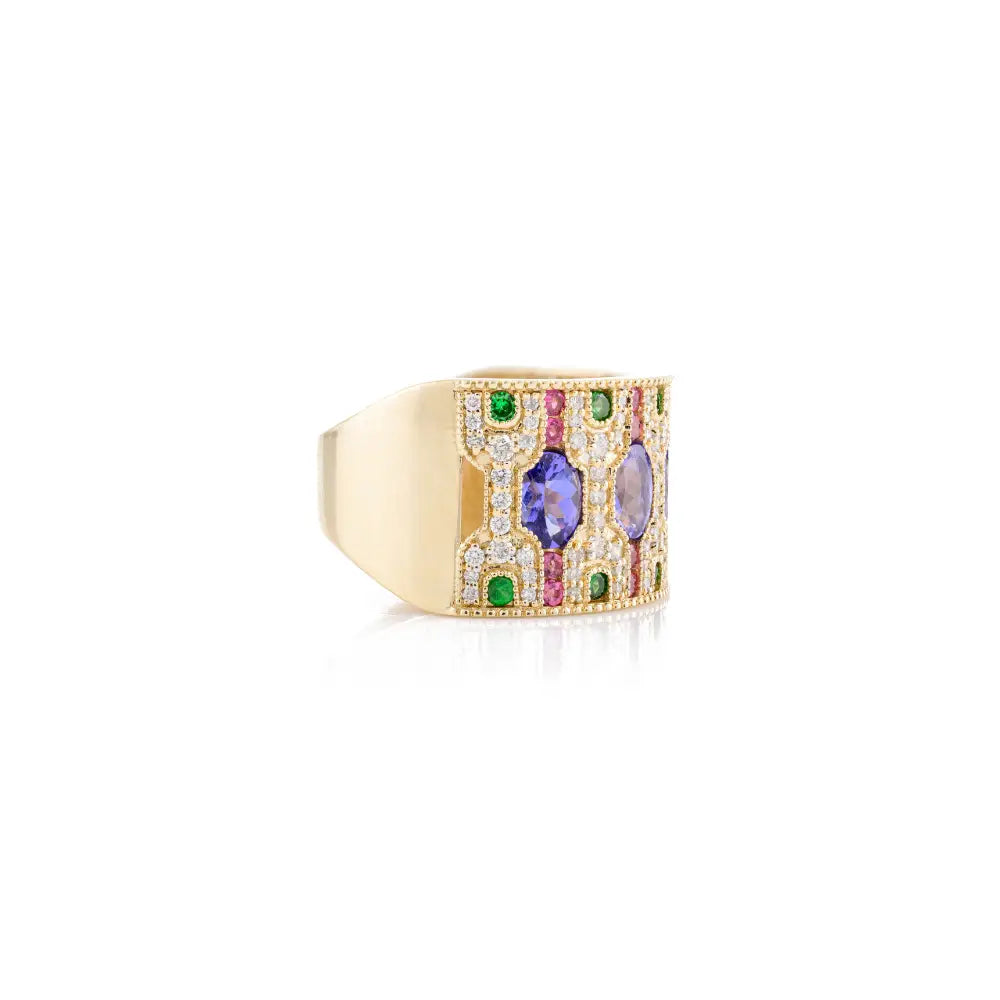 Stately 14K Solid Gold Wide Band With Genuine Multi Gemstone Ring Fine Jewelry