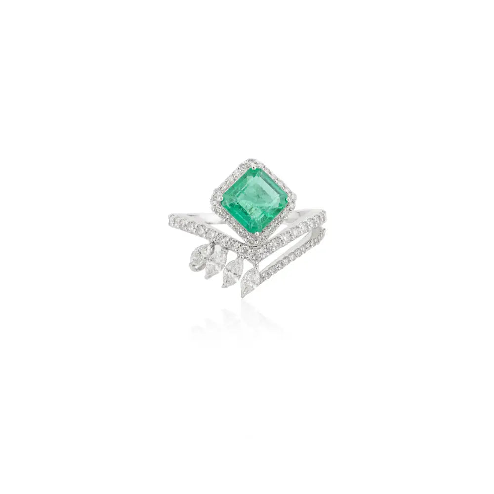 May Birthstone Natural Emerald & Diamond Solid K18 White Gold Designer Ring