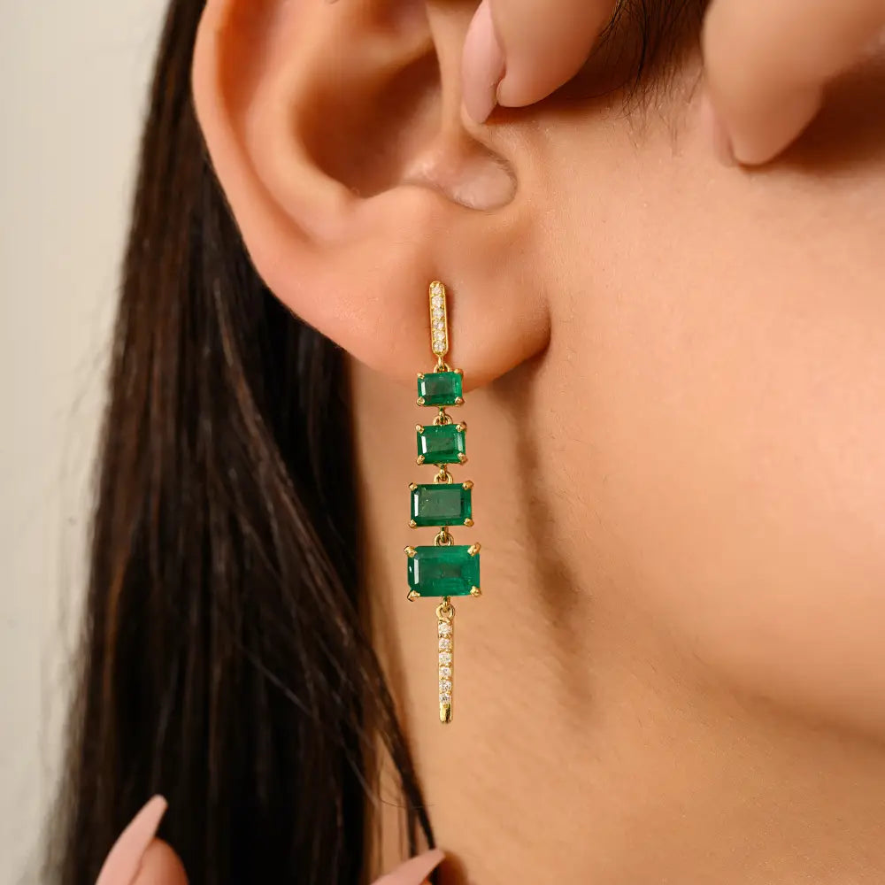 K14 Gold Graduated Set Gemstone Emerald & Diamond Women Handmade Dangle Earrings