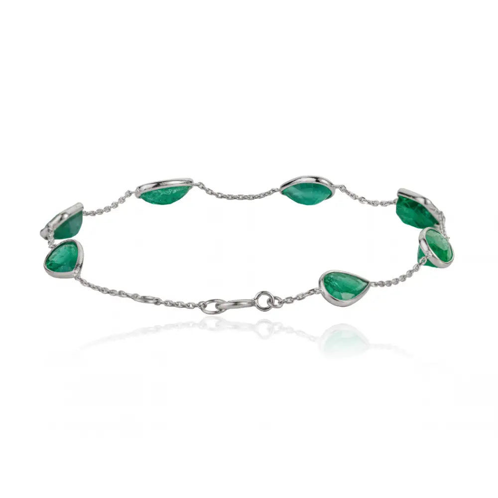 Mixed Shape Emerald Stone Solid K14 White Gold Station Bracelet Precious Jewelry Supplier