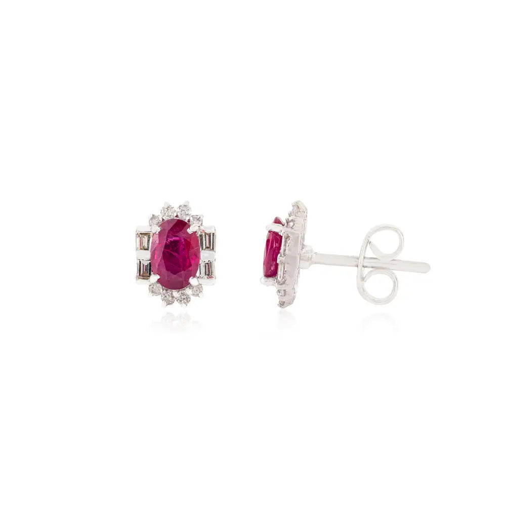 Inspired By Art Deco July Birthstone Ruby & Diamond 14K Real White Gold Halo Stud Earrings