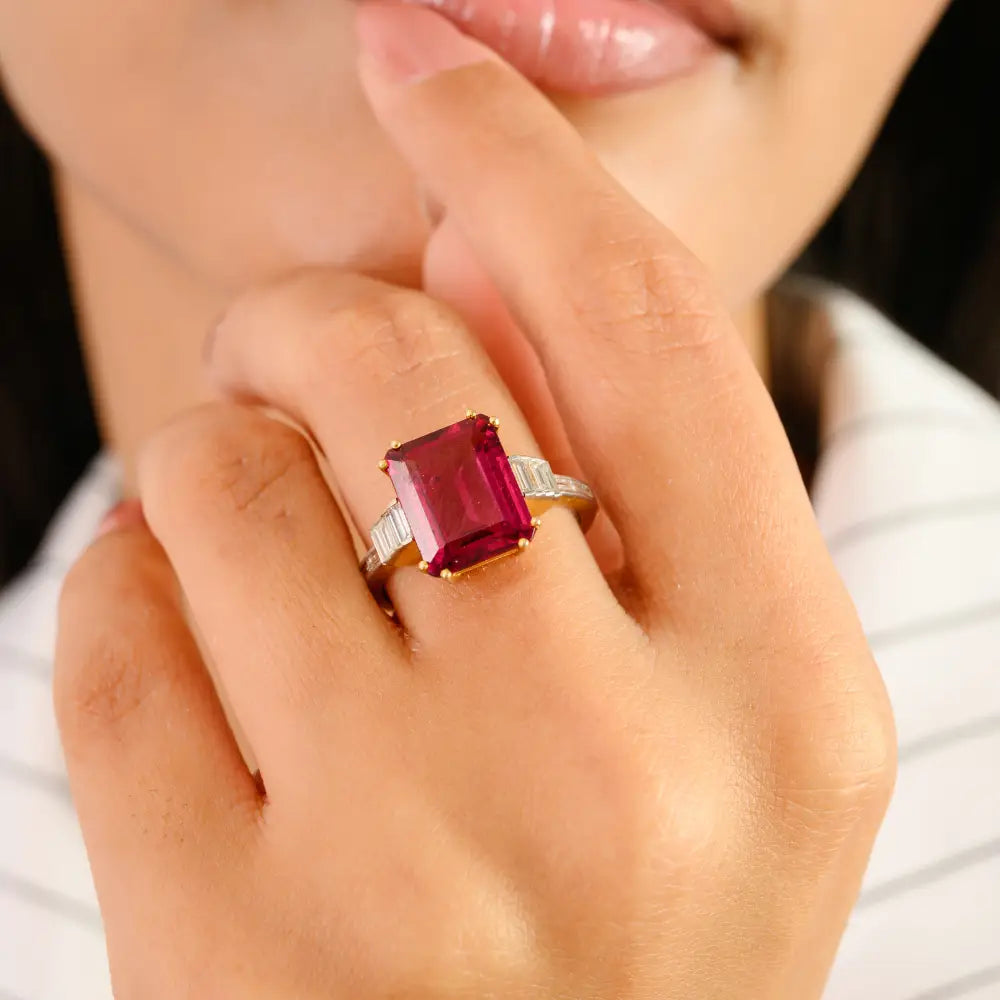 Pink Tourmaline & Diamond Double Prong Setting Wedding Ring Authentic 14K Yellow Gold