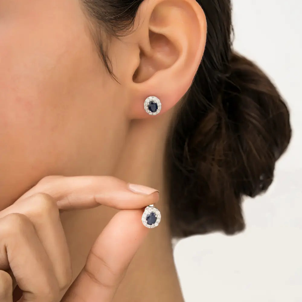 Oval Shape Blue Sapphire & Round Cut Diamond K14 White Gold Halo Stud Earrings For Women's