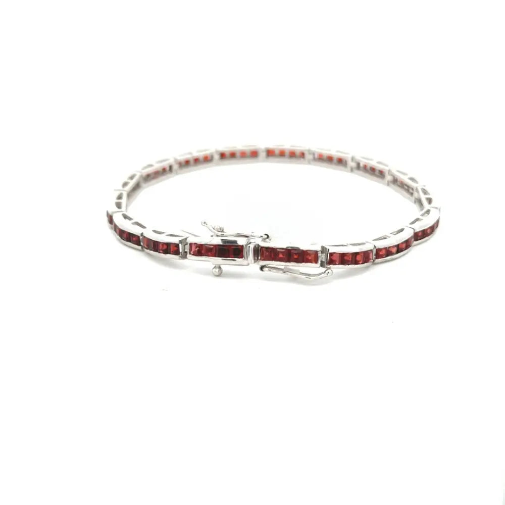 Authentic Square Cut Garnet January Birthstone Tennis Bracelet Set In Bezel Setting