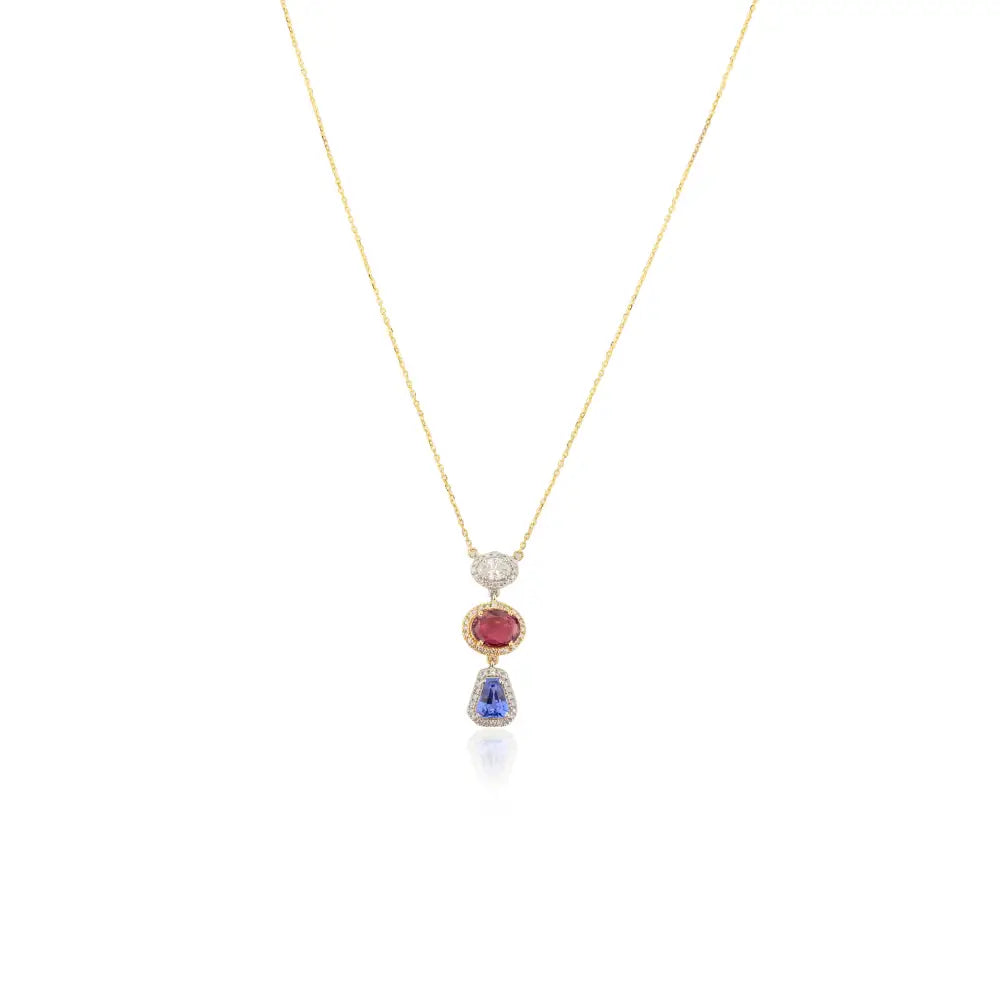 Multi Sapphire & Diamond Solid 18K Yellow Gold Charm Chain Pendant Necklace